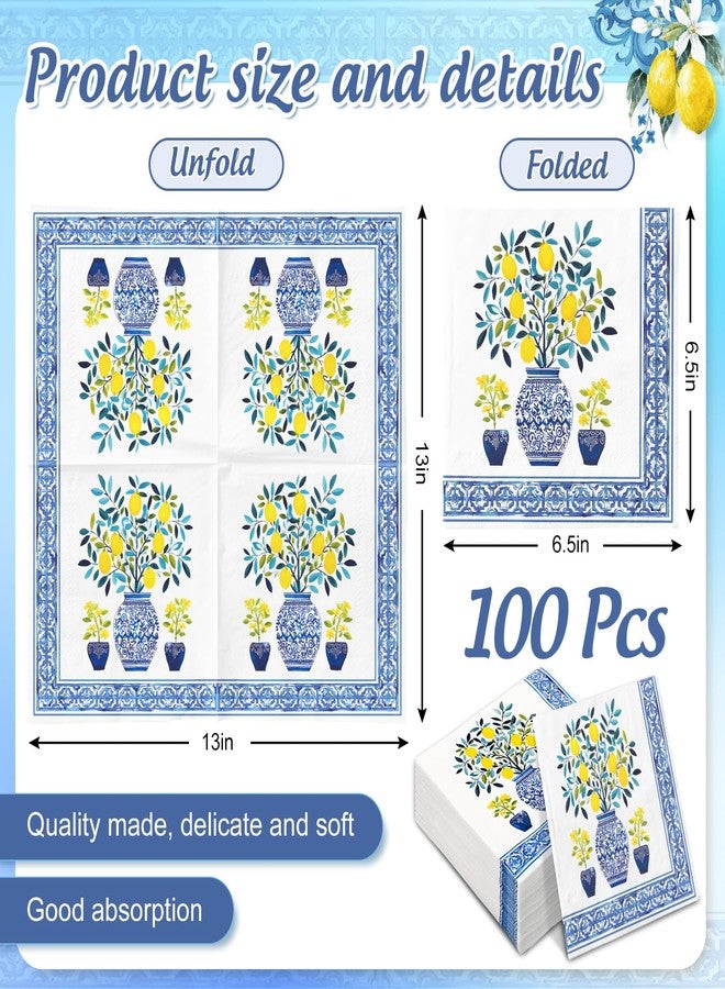 JarThenaAMCS مناديل ورقية من JarThenaAMCS، 100 قطعة، بتصميم ليموني مزخرف، أصفر وأزرق، بنقوش صينية، للاستخدام مرة واحدة، مثالية للغداء والعشاء الصيفي، مناسبة للمنزل والمطبخ والحفلات. - Image 2